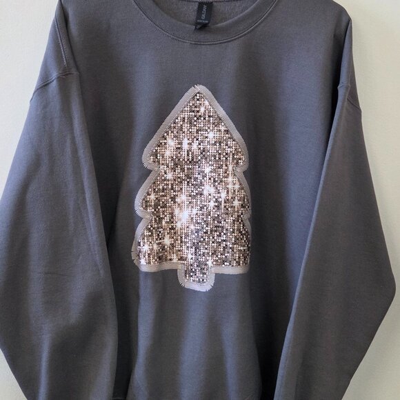 Large Faux Gold Embroidery Christmas Tree Charcoal Sweatshirt - Picture 5 of 5